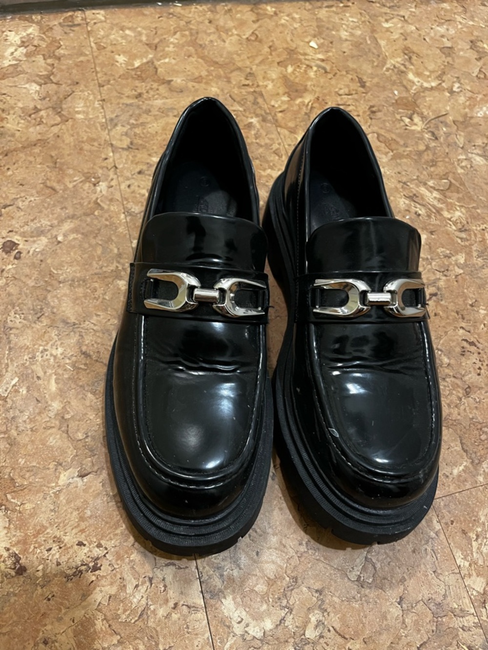 Ardene Black Patent Loafers with Silver Chain Accent